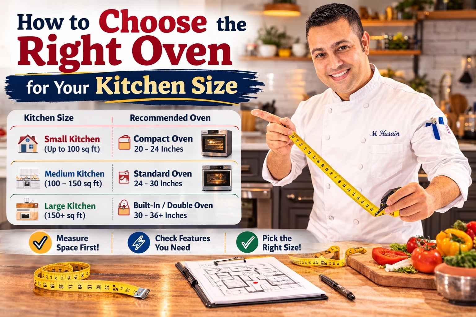 create an image for How to Choose the Right Oven for Your Kitchen Size using this chef