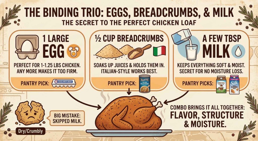 The Binding Trio: Eggs, Breadcrumbs, and Milk