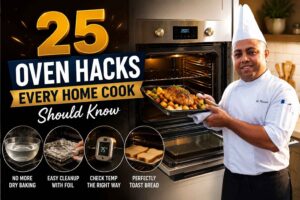 Feature image for “25 Oven Hacks Every Home Cook Should Know” showing a smiling chef in a white uniform and tall chef hat holding a roasting tray in front of an open modern oven. Large bold text reads “25 Oven Hacks Every Home Cook Should Know.” Along the bottom are four tip icons illustrating oven hacks: using steam to prevent dry baking, lining trays with foil for easy cleanup, checking oven temperature with a thermometer, and perfectly toasting bread. The design uses warm kitchen lighting, gold accents, and a professional blog-style layout.