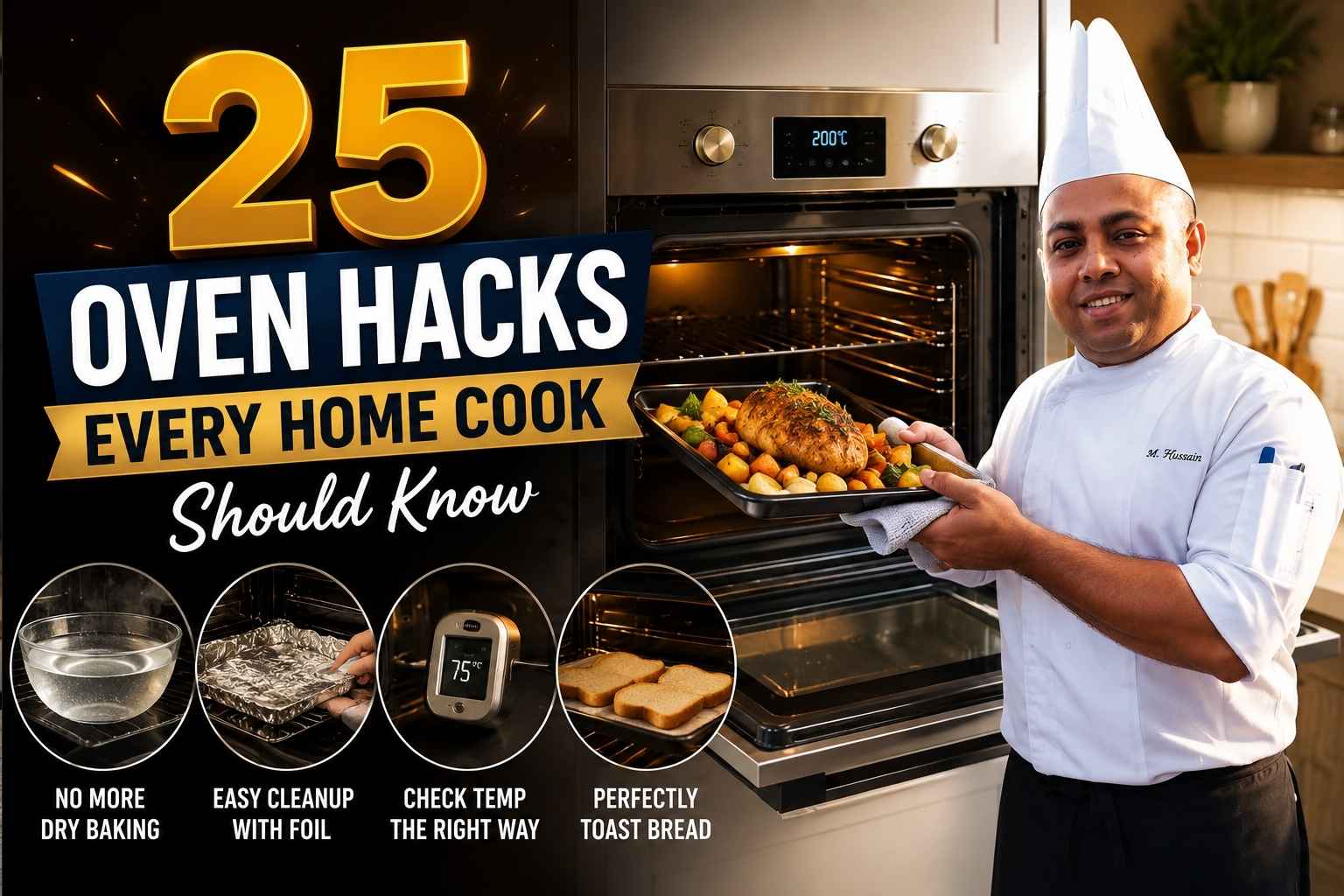 Feature image for “25 Oven Hacks Every Home Cook Should Know” showing a smiling chef in a white uniform and tall chef hat holding a roasting tray in front of an open modern oven. Large bold text reads “25 Oven Hacks Every Home Cook Should Know.” Along the bottom are four tip icons illustrating oven hacks: using steam to prevent dry baking, lining trays with foil for easy cleanup, checking oven temperature with a thermometer, and perfectly toasting bread. The design uses warm kitchen lighting, gold accents, and a professional blog-style layout.