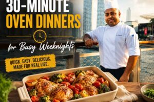 A professional chef in a white uniform stands on a waterfront boardwalk with a modern city skyline in the background. In the foreground, a freshly baked oven dinner featuring roasted chicken, potatoes, broccoli, and cherry tomatoes is displayed in a casserole dish. Bold text reads “30-Minute Oven Dinners for Busy Weeknights,” with a tagline highlighting quick, easy, and delicious meals for real life. The image conveys fast, flavorful home cooking for busy evenings.