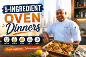 Feature graphic for “5-Ingredient Oven Dinners” showing a chef in a white uniform smiling beside a tray of roasted chicken and vegetables in a modern kitchen. Large bold headline text reads “5-Ingredient Oven Dinners,” with illustrated ingredient icons below (chicken, olive oil, lemon, garlic, herbs) and the tagline “Simple ingredients. Delicious results.