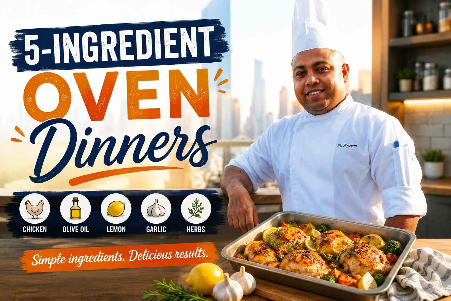 Feature graphic for “5-Ingredient Oven Dinners” showing a chef in a white uniform smiling beside a tray of roasted chicken and vegetables in a modern kitchen. Large bold headline text reads “5-Ingredient Oven Dinners,” with illustrated ingredient icons below (chicken, olive oil, lemon, garlic, herbs) and the tagline “Simple ingredients. Delicious results.