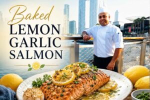 Feature image for “Baked Lemon Garlic Salmon”: A chef in a white chef’s jacket and tall hat stands smiling beside a waterfront boardwalk with a modern city skyline in the background. In the foreground, a large plated baked salmon fillet is topped with grilled lemon slices, garlic, herbs, and a glossy lemon-butter sauce. Fresh lemons and garlic surround the dish, while bold headline text reading “Baked Lemon Garlic Salmon” appears on the left in elegant script and serif typography.