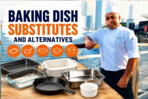 Feature image showing a chef in a white uniform standing beside a waterfront city skyline, with a display of different baking vessels including metal pans, glass dishes, a cast-iron skillet, ceramic bakeware, and a ramekin. Large headline text reads “Baking Dish Substitutes and Alternatives,” with simple cookware icons highlighting alternative baking options.