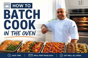 Professional chef in a white uniform standing beside trays of roasted meals in a modern kitchen, with the text "How to Batch Cook in the Oven" displayed prominently, illustrating oven meal prep and batch cooking techniques.