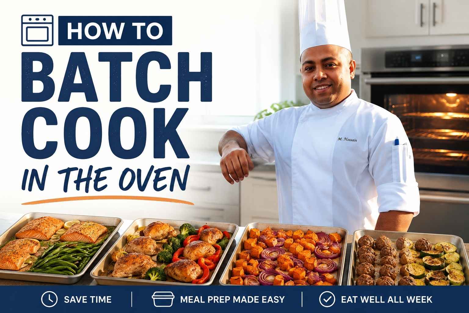 Professional chef in a white uniform standing beside trays of roasted meals in a modern kitchen, with the text "How to Batch Cook in the Oven" displayed prominently, illustrating oven meal prep and batch cooking techniques.