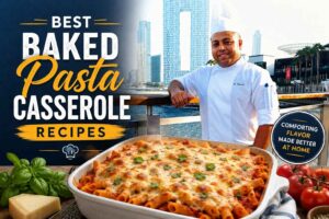 A professional chef in a white uniform and chef hat stands on a waterfront boardwalk with a modern city skyline in the background. In the foreground, a large baked pasta casserole topped with melted golden cheese is displayed alongside fresh basil, tomatoes, and Parmesan cheese. Bold text on the left reads “Best Baked Pasta Casserole Recipes,” while a badge highlights the dish as comforting homemade comfort food. The image combines a personal chef brand with a warm, inviting Italian-inspired meal.