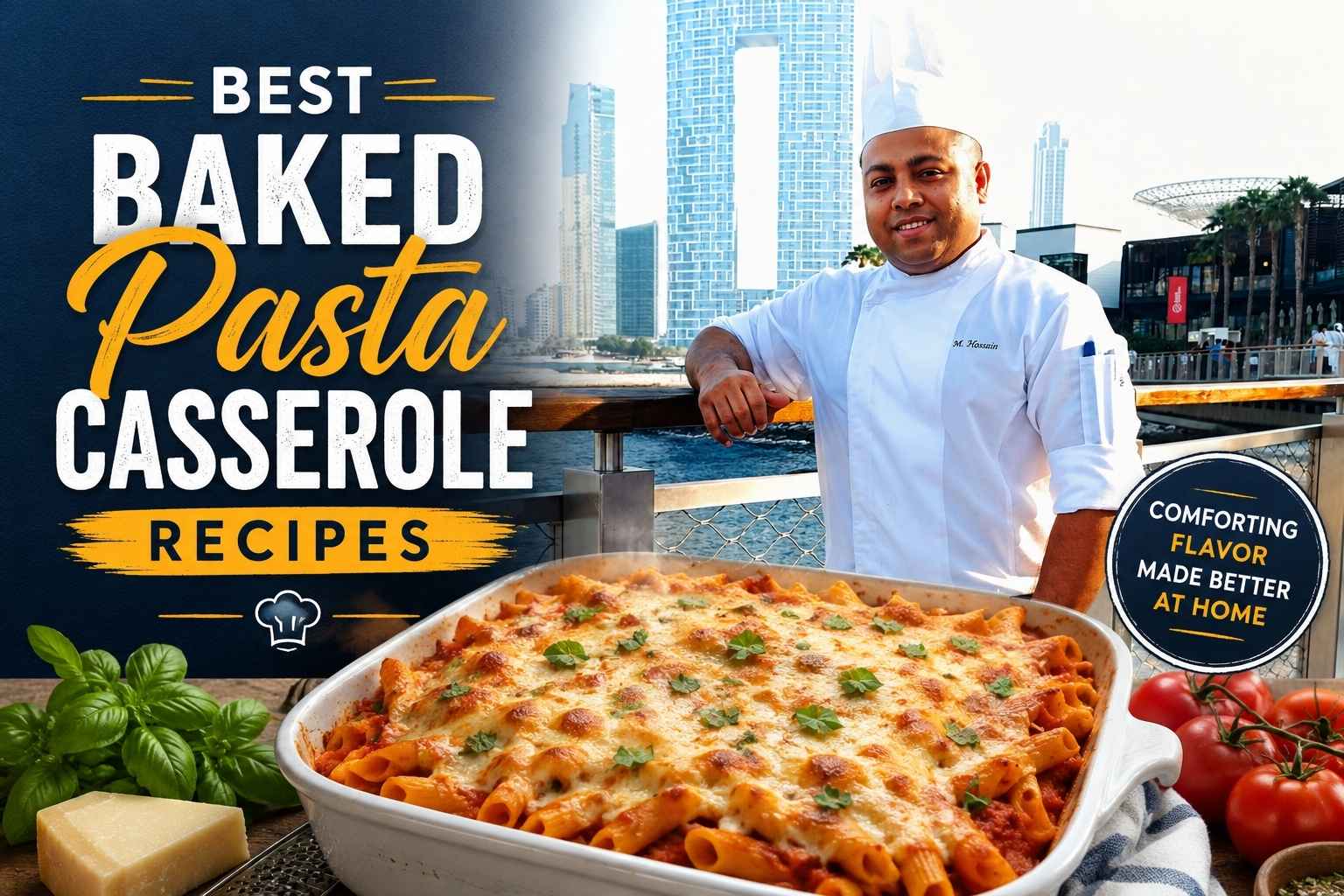 A professional chef in a white uniform and chef hat stands on a waterfront boardwalk with a modern city skyline in the background. In the foreground, a large baked pasta casserole topped with melted golden cheese is displayed alongside fresh basil, tomatoes, and Parmesan cheese. Bold text on the left reads “Best Baked Pasta Casserole Recipes,” while a badge highlights the dish as comforting homemade comfort food. The image combines a personal chef brand with a warm, inviting Italian-inspired meal.