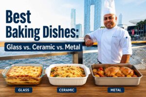 Professional chef in a white uniform standing by a waterfront promenade with a city skyline in the background. In the foreground, three baking dishes—a glass casserole, a ceramic baking dish, and a metal roasting pan—are displayed on a wooden table beneath the title “Best Baking Dishes: Glass vs. Ceramic vs. Metal,” illustrating a comparison of popular bakeware materials.