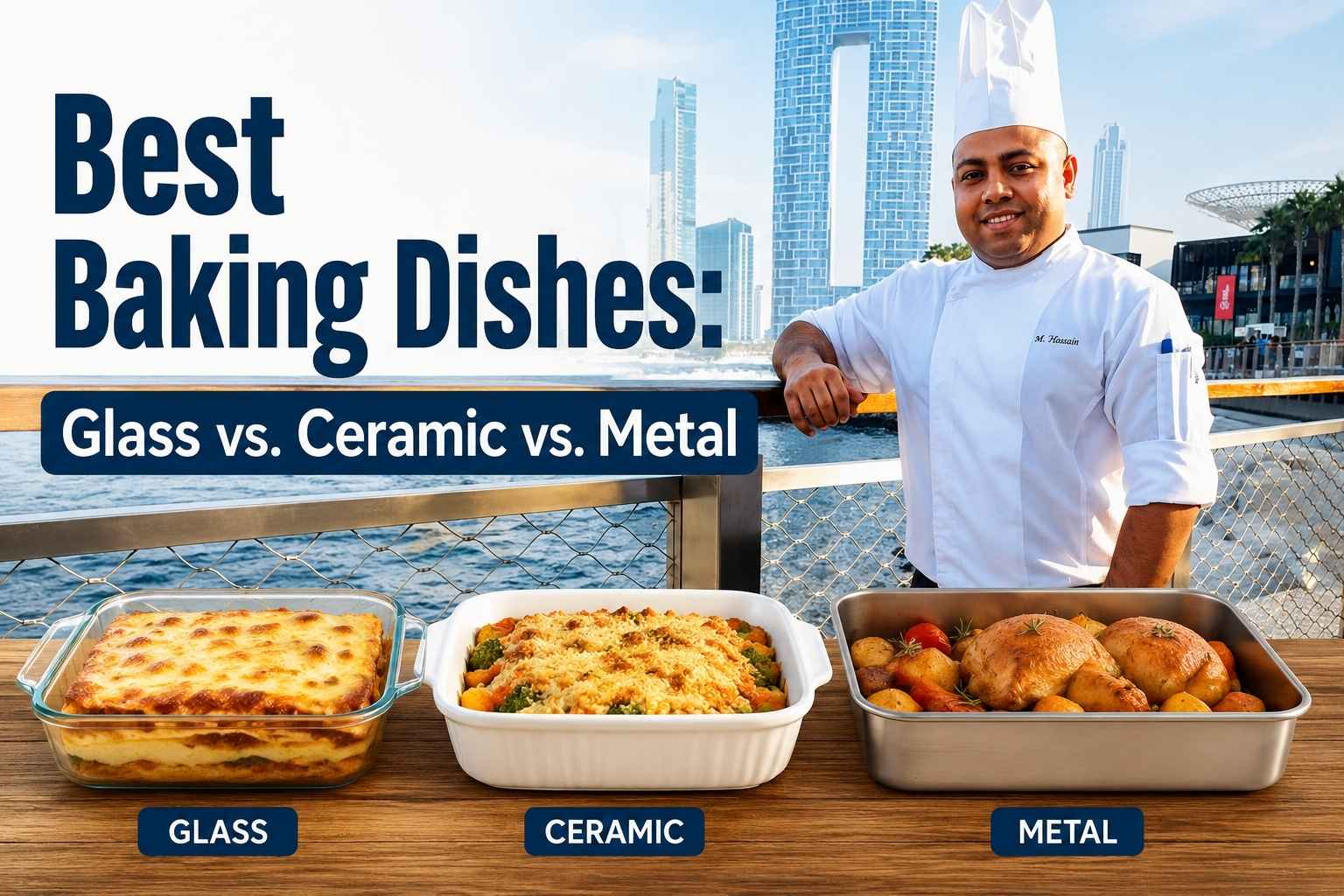 Professional chef in a white uniform standing by a waterfront promenade with a city skyline in the background. In the foreground, three baking dishes—a glass casserole, a ceramic baking dish, and a metal roasting pan—are displayed on a wooden table beneath the title “Best Baking Dishes: Glass vs. Ceramic vs. Metal,” illustrating a comparison of popular bakeware materials.