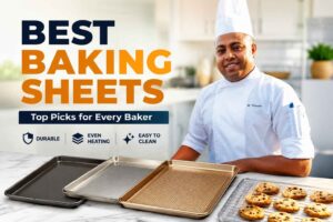 A professional chef in a white uniform and tall chef hat stands beside a marble countertop displaying several baking sheets and a cooling rack with freshly baked cookies. Large bold text reads “Best Baking Sheets – Top Picks for Every Baker.” Icons highlight key features including durability, even heating, and easy cleaning, set against a bright, modern kitchen background.