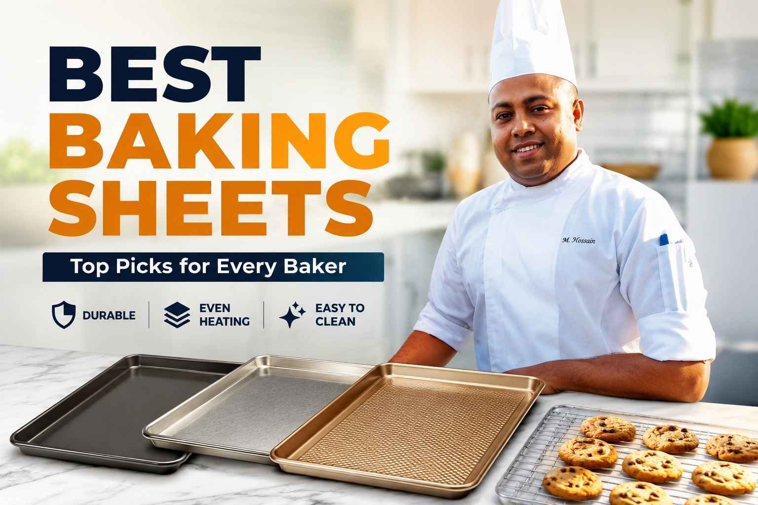 A professional chef in a white uniform and tall chef hat stands beside a marble countertop displaying several baking sheets and a cooling rack with freshly baked cookies. Large bold text reads “Best Baking Sheets – Top Picks for Every Baker.” Icons highlight key features including durability, even heating, and easy cleaning, set against a bright, modern kitchen background.