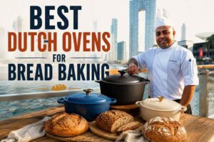 A professional chef in a white uniform and tall chef hat stands beside a rustic wooden table displaying three Dutch ovens and freshly baked artisan bread loaves. The scene is set along a waterfront boardwalk with a modern city skyline in the background. Large bold text reads, “Best Dutch Ovens for Bread Baking,” making it a feature image for a cookware buying guide or bread-baking article.