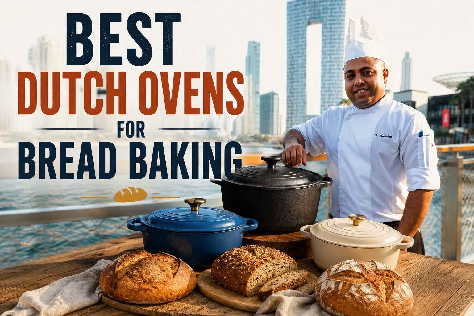 A professional chef in a white uniform and tall chef hat stands beside a rustic wooden table displaying three Dutch ovens and freshly baked artisan bread loaves. The scene is set along a waterfront boardwalk with a modern city skyline in the background. Large bold text reads, “Best Dutch Ovens for Bread Baking,” making it a feature image for a cookware buying guide or bread-baking article.