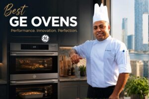 Professional chef standing beside a modern stainless-steel GE double wall oven in a luxury kitchen. Large headline reads “Best GE Ovens” with the tagline “Performance. Innovation. Perfection.” Fresh vegetables and herbs are displayed on the countertop, while city skyline views appear through large windows, creating a premium appliance advertisement focused on quality, technology, and durability.