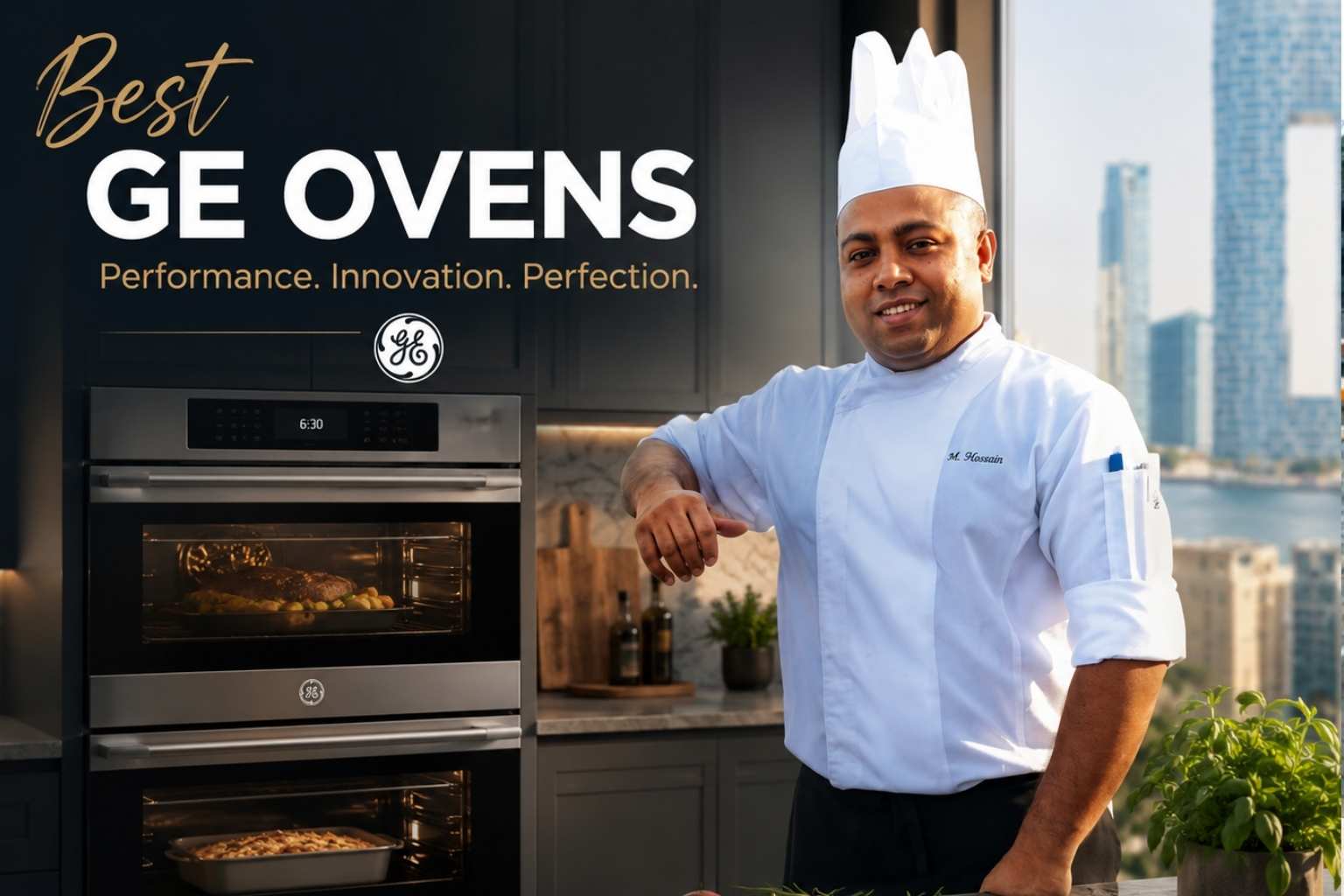 Professional chef standing beside a modern stainless-steel GE double wall oven in a luxury kitchen. Large headline reads “Best GE Ovens” with the tagline “Performance. Innovation. Perfection.” Fresh vegetables and herbs are displayed on the countertop, while city skyline views appear through large windows, creating a premium appliance advertisement focused on quality, technology, and durability.