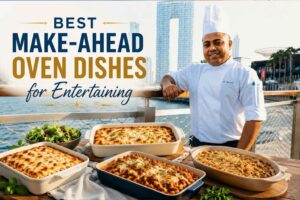 A professional chef in a white uniform and tall chef’s hat stands smiling on a waterfront promenade with a modern city skyline in the background. In the foreground, several baked casserole-style dishes are displayed on a wooden table. Large headline text reads, “Best Make-Ahead Oven Dishes for Entertaining,” creating a polished feature image for a food and entertaining article.