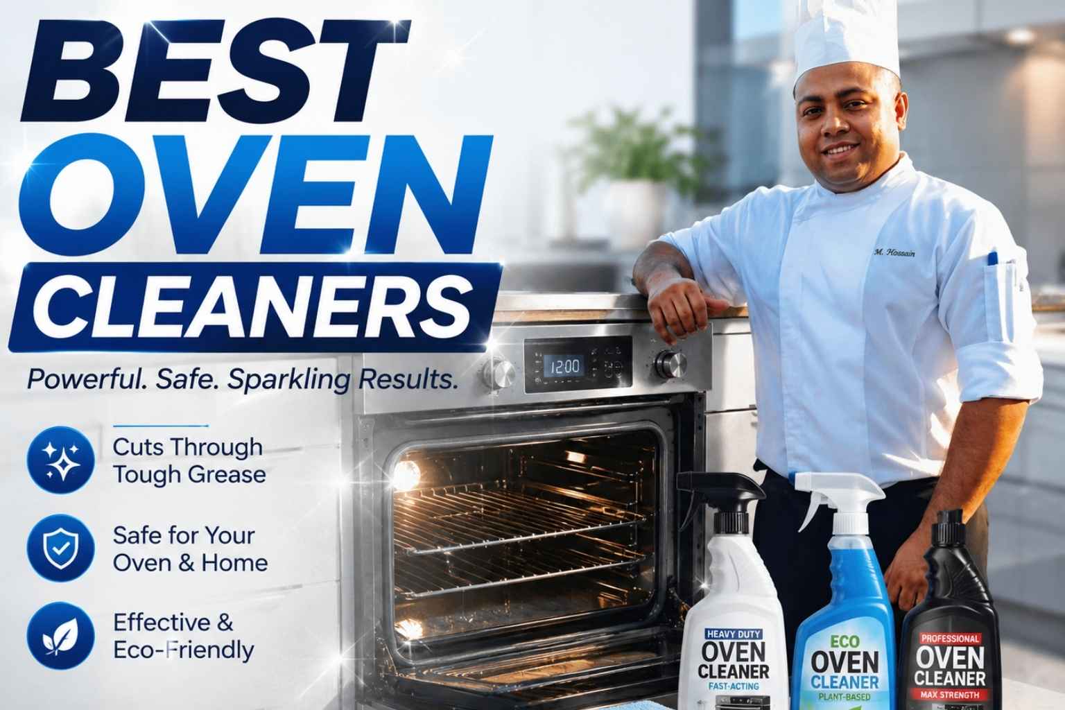 Feature image for “Best Oven Cleaners” showing a professional chef in white uniform standing beside a sparkling open oven in a modern kitchen, with bold blue headline text, cleaning product bottles in the foreground, and icons highlighting grease-cutting, safety, and eco-friendly benefits.