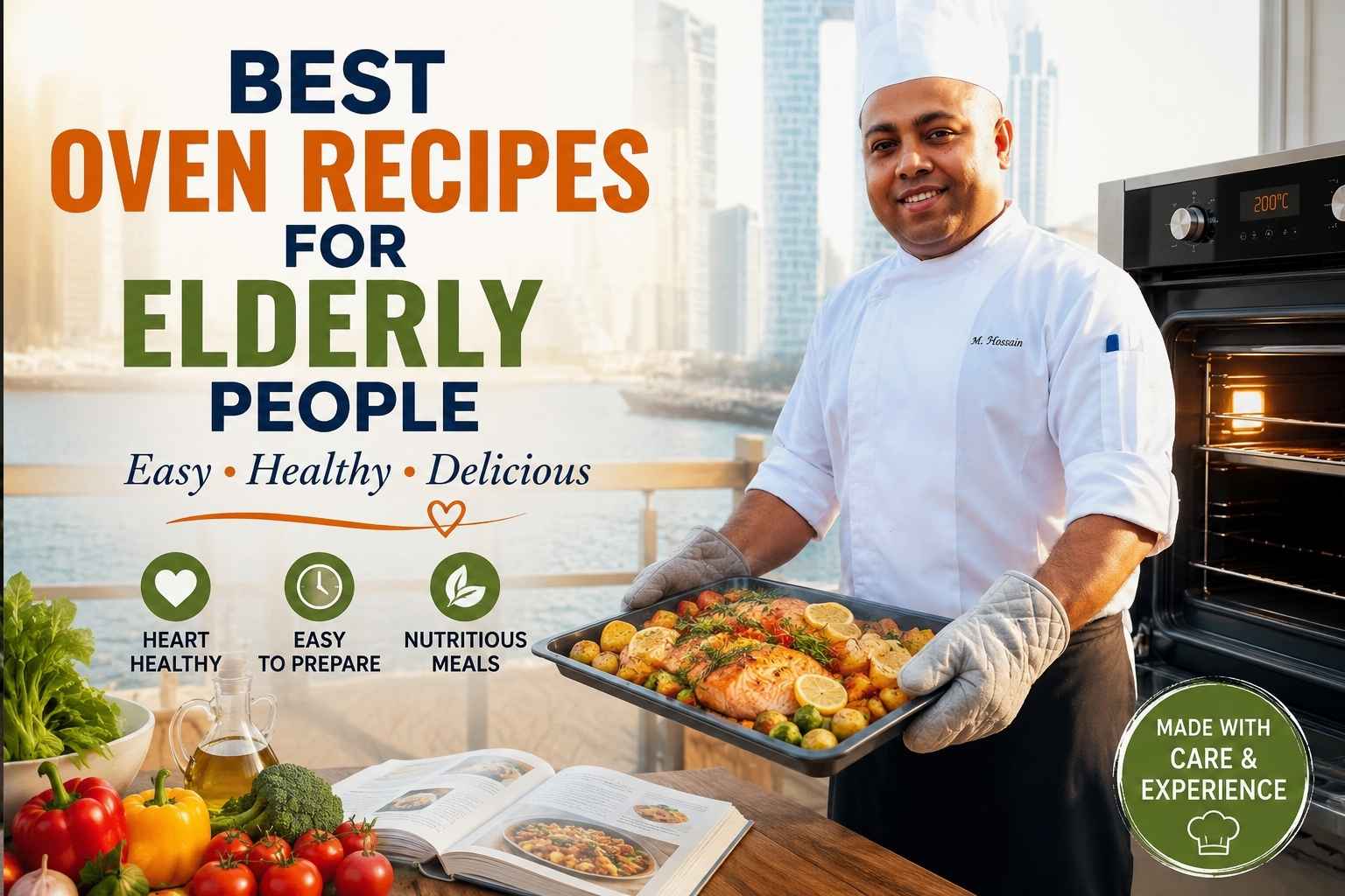 A chef in a white uniform presents a healthy roasted meal tray beside an open oven in a bright kitchen setting with a city waterfront background. The feature image promotes “Best Oven Recipes for Elderly People” with messages about easy, healthy, nutritious meals, including fresh vegetables, a recipe book, and cooking icons.