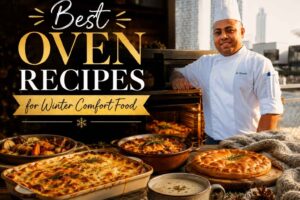 "Feature image for 'Best Oven Recipes for Winter Comfort Food' showing a professional chef in a white uniform standing beside a glowing oven with comforting baked dishes, casseroles, soup, and pie. Cozy winter décor, warm lighting, and elegant gold typography create an inviting seasonal cooking scene."