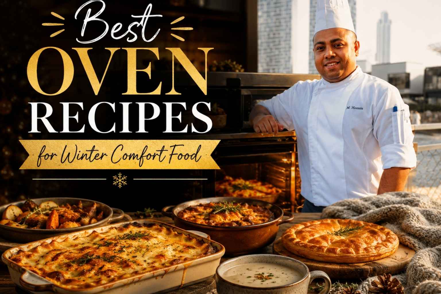"Feature image for 'Best Oven Recipes for Winter Comfort Food' showing a professional chef in a white uniform standing beside a glowing oven with comforting baked dishes, casseroles, soup, and pie. Cozy winter décor, warm lighting, and elegant gold typography create an inviting seasonal cooking scene."