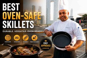 Professional chef in a white uniform standing on a waterfront boardwalk with a modern city skyline in the background, holding a large cast-iron skillet. Bold text reads “Best Oven-Safe Skillets,” with feature icons highlighting oven-safe, stovetop compatible, durable, and easy-to-clean qualities. A cooked dish in a skillet and a “Chef Approved” badge reinforce the cookware review theme.