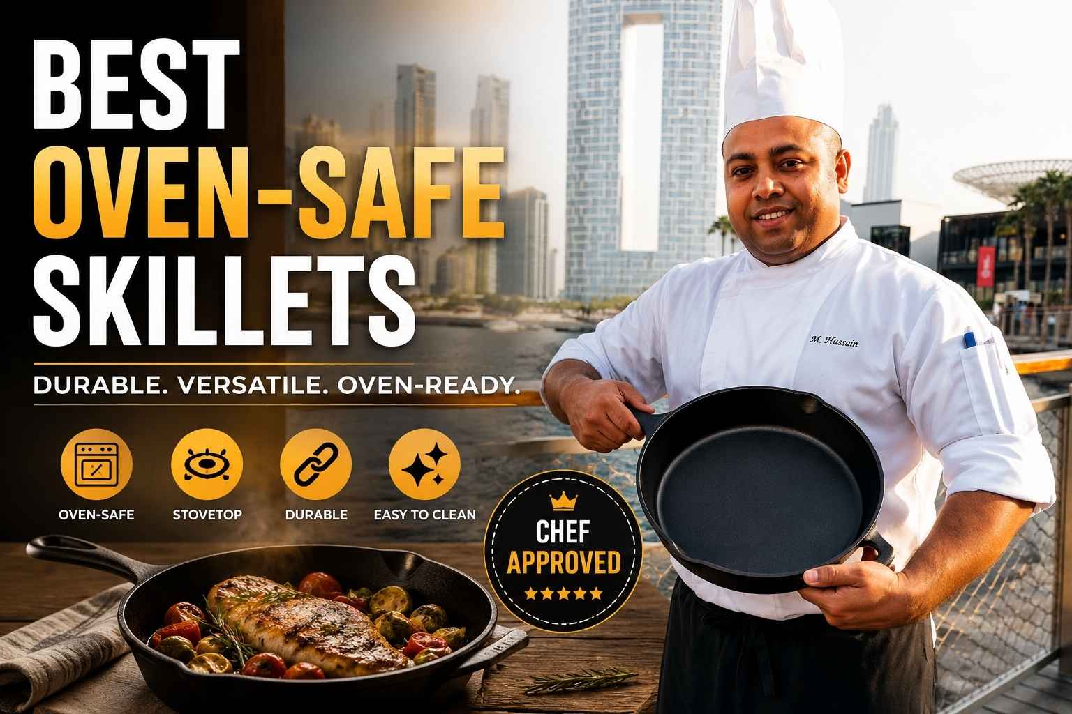 Professional chef in a white uniform standing on a waterfront boardwalk with a modern city skyline in the background, holding a large cast-iron skillet. Bold text reads “Best Oven-Safe Skillets,” with feature icons highlighting oven-safe, stovetop compatible, durable, and easy-to-clean qualities. A cooked dish in a skillet and a “Chef Approved” badge reinforce the cookware review theme.