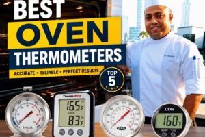 Feature image for “Best Oven Thermometers” showing a professional chef in a white uniform standing beside a waterfront city skyline. On the left, an illuminated oven interior serves as the background for bold headline text reading “Best Oven Thermometers.” Four oven thermometers—both analog and digital models—are displayed on a wooden countertop in the foreground, with a “Top 5” badge and a tagline highlighting accuracy, reliability, and consistent cooking results. The design uses bright yellow, navy blue, and white colors for a modern, attention-grabbing appearance.