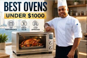 "Promotional graphic for 'Best Ovens Under $1000' featuring a smiling chef in a white uniform standing beside a stainless steel countertop oven with a roasted chicken inside. Bold headline text highlights the guide, with icons emphasizing top performance, great value, and chef-approved quality in a modern kitchen setting."