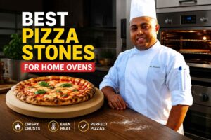 A smiling chef in a white uniform stands beside a wooden counter in a modern kitchen, with a freshly baked pizza resting on a round pizza stone in the foreground. Large bold text reads “Best Pizza Stones for Home Ovens.” An open oven glows in the background, while icons at the bottom highlight benefits such as crispy crusts, even heat, and perfect pizzas. The image has a warm, professional food-blog style designed to showcase pizza stones for home baking.
