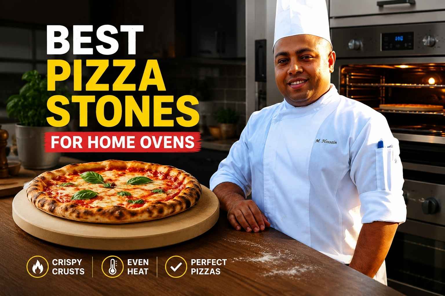 A smiling chef in a white uniform stands beside a wooden counter in a modern kitchen, with a freshly baked pizza resting on a round pizza stone in the foreground. Large bold text reads “Best Pizza Stones for Home Ovens.” An open oven glows in the background, while icons at the bottom highlight benefits such as crispy crusts, even heat, and perfect pizzas. The image has a warm, professional food-blog style designed to showcase pizza stones for home baking.