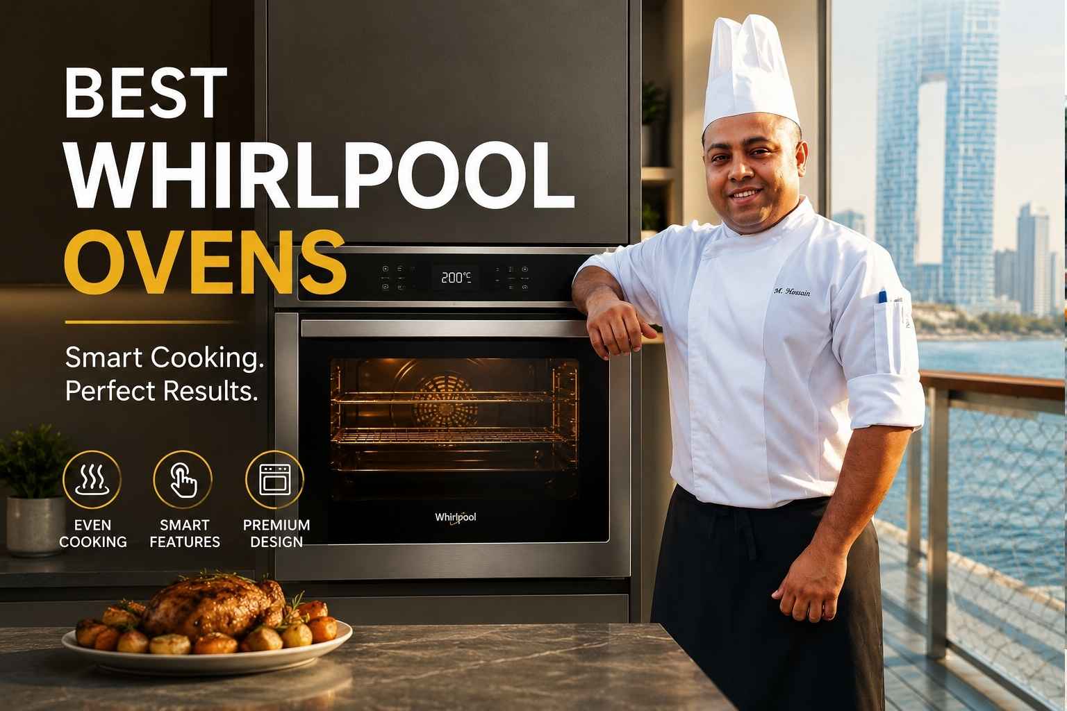 A chef in a white uniform stands beside a modern built-in Whirlpool oven in a stylish kitchen setting with a waterfront city skyline in the background. Large headline text reads “BEST WHIRLPOOL OVENS,” with the tagline “Smart Cooking. Perfect Results.” Icons highlight even cooking, smart features, and premium design, while a plated roasted dish appears in the foreground.