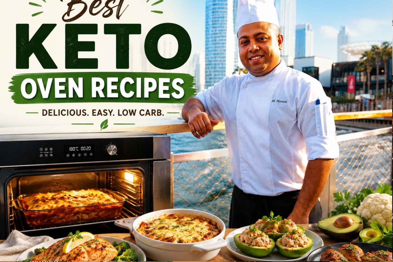 Professional chef in a white uniform and chef hat standing by a waterfront promenade with a modern city skyline in the background. A promotional banner reads “Best Keto Oven Recipes” alongside an oven filled with a baked casserole and a table displaying keto-friendly dishes, including baked salmon, cheesy casseroles, stuffed avocados, roasted chicken, cauliflower, and fresh vegetables. The image conveys healthy low-carb cooking, featuring the tagline “Delicious. Easy. Low Carb.”