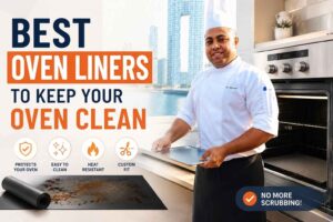 Chef holding an oven liner beside a modern oven with the headline 'Best Oven Liners to Keep Your Oven Clean' and icons highlighting protection, easy cleaning, heat resistance, and custom fit."