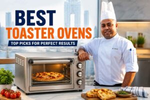 A chef in a white uniform stands beside a stainless steel toaster oven in a modern kitchen with a city skyline background. The oven displays a freshly baked pizza, with tomatoes, herbs, and toasted bread on the counter. Large text reads “BEST TOASTER OVENS – TOP PICKS FOR PERFECT RESULTS.”