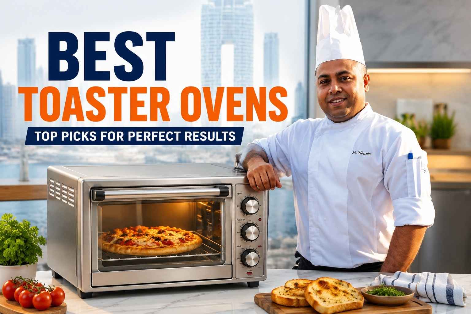 A chef in a white uniform stands beside a stainless steel toaster oven in a modern kitchen with a city skyline background. The oven displays a freshly baked pizza, with tomatoes, herbs, and toasted bread on the counter. Large text reads “BEST TOASTER OVENS – TOP PICKS FOR PERFECT RESULTS.”