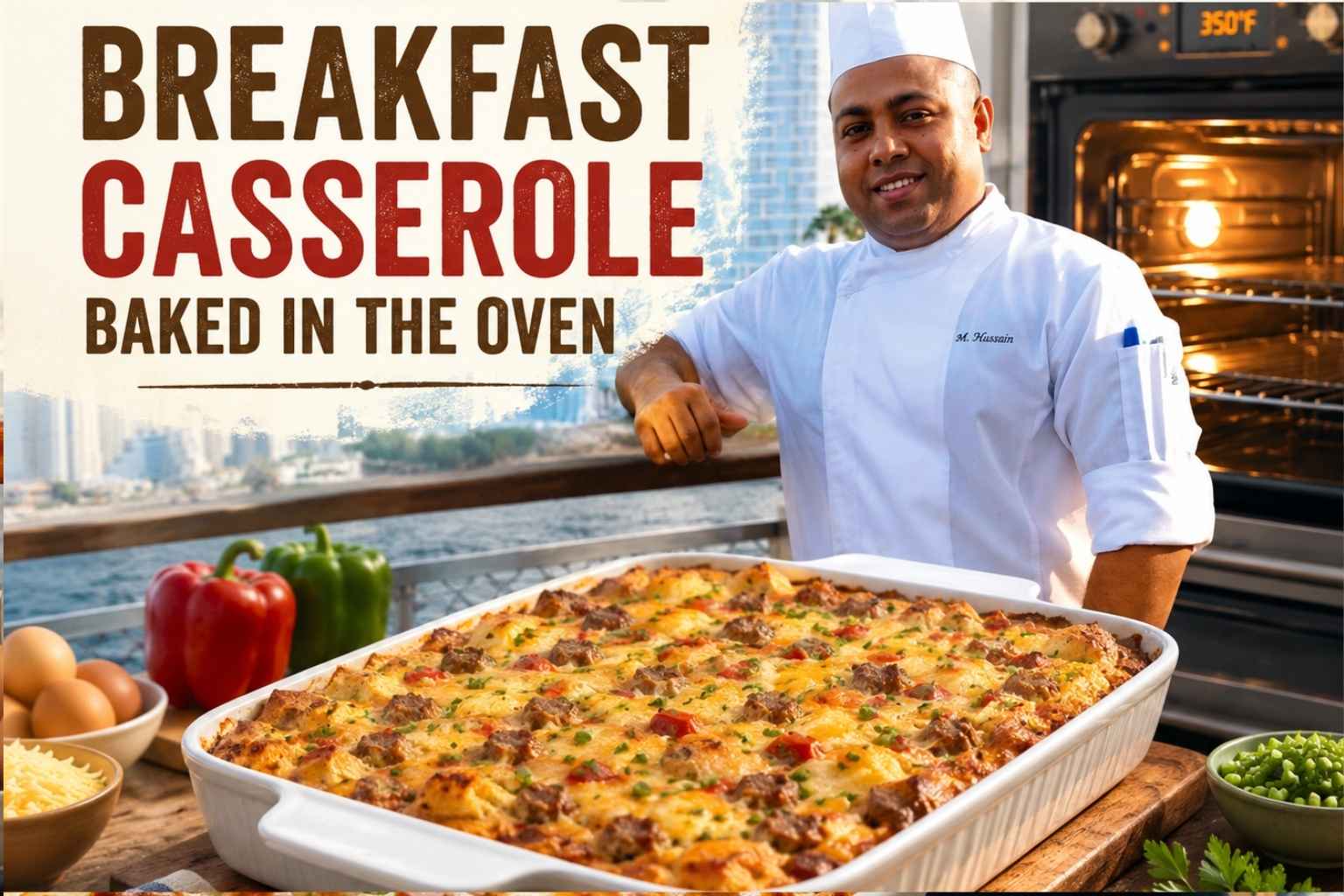 Feature image for “Breakfast Casserole Baked in the Oven” showing a smiling chef in a white uniform and tall chef hat standing beside a large baked breakfast casserole in a white baking dish. The scene combines a warm kitchen and oven setting with a waterfront city skyline in the background. Bold headline text reads “BREAKFAST CASSEROLE” with the subtitle “BAKED IN THE OVEN,” while ingredients like eggs, cheese, and peppers appear around the dish for a vibrant recipe-thumbnail style.