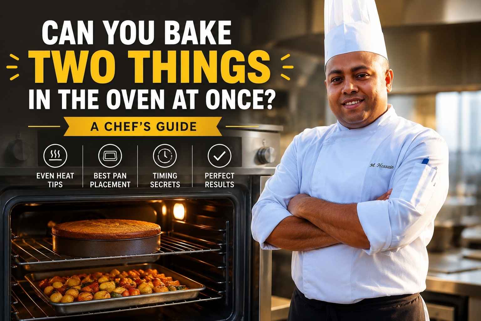 Professional chef in a white uniform standing beside a commercial oven in a modern kitchen. The oven contains two dishes baking simultaneously—a cake on the top rack and roasted vegetables on the lower rack. Large bold text reads, “Can You Bake Two Things in the Oven at Once? A Chef’s Guide.” Additional icons highlight topics including even heat tips, best pan placement, timing secrets, and perfect results. The image uses warm lighting and a clean, informative design suitable for a cooking blog or recipe guide.