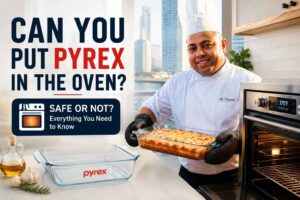 Feature image showing a chef in a white uniform and tall chef hat standing in a modern kitchen beside an open oven while holding a baked dish in a glass Pyrex baking dish. Large headline text reads “Can You Put Pyrex in the Oven?” with a callout that says “Safe or Not? Everything You Need to Know.” An empty Pyrex baking dish sits on the countertop in the foreground, emphasizing oven-safe cookware and baking safety.