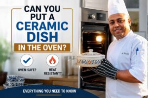 A smiling chef in a white uniform holds an oven-safe ceramic casserole dish in front of an open oven. Large text reads, "Can You Put a Ceramic Dish in the Oven?" with icons highlighting oven safety and heat resistance, making it a featured image for a guide about using ceramic cookware in the oven.