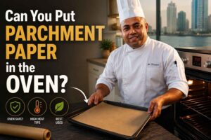 Professional chef in a white uniform holding a baking tray lined with parchment paper beside an open oven in a modern kitchen. Large text reads “Can You Put Parchment Paper in the Oven?” with icons highlighting oven safety, high-heat tips, and best uses. The image serves as a feature graphic for an article about using parchment paper safely in the oven.