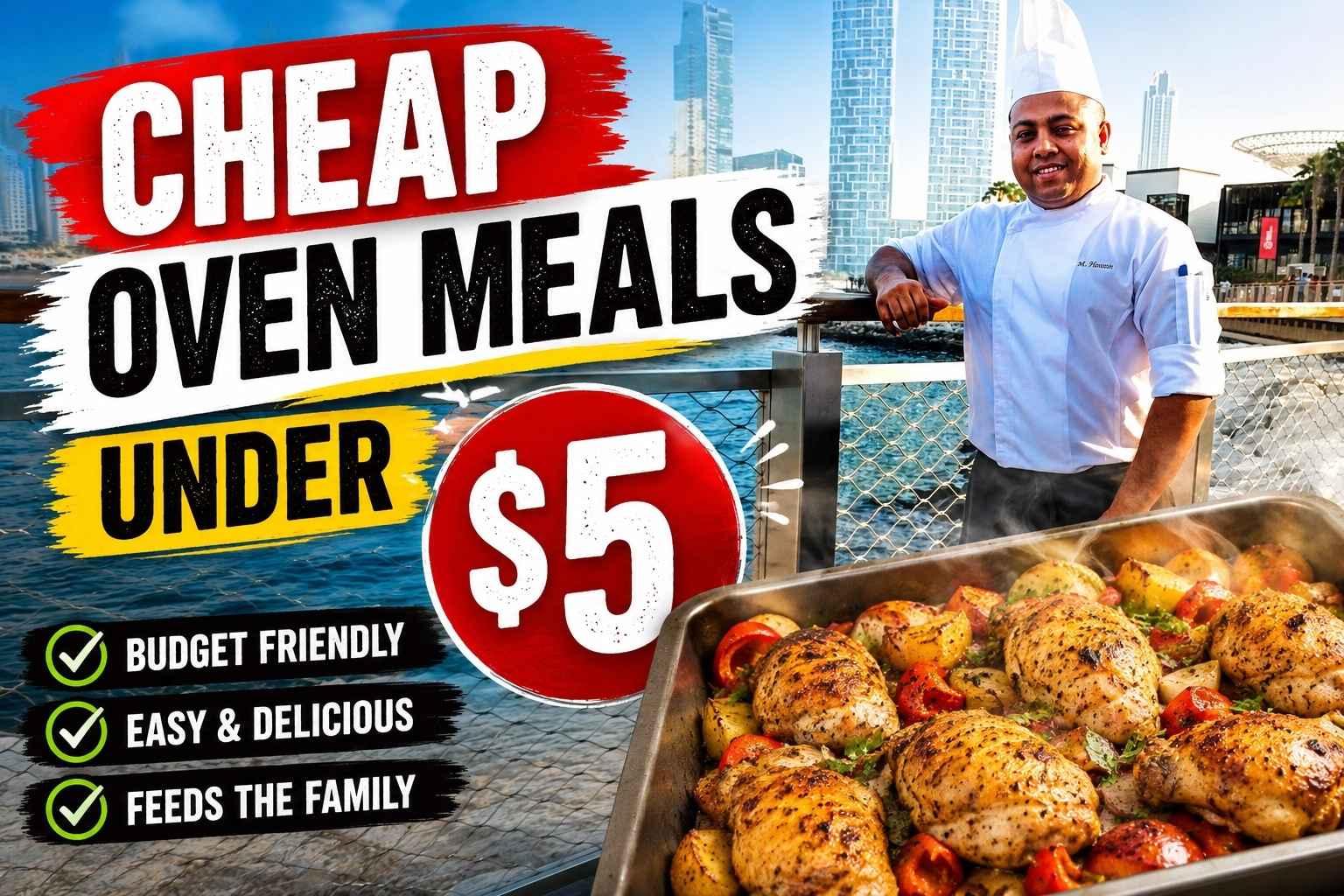 A promotional food-themed graphic showing a chef in a white uniform standing on a waterfront boardwalk with a modern city skyline in the background. Large bold text reads “Cheap Oven Meals Under $5,” with a prominent red “$5” badge in the center. A steaming tray of roasted chicken, potatoes, and vegetables appears in the foreground. Checkmark icons highlight benefits including “Budget Friendly,” “Easy & Delicious,” and “Feeds the Family.” The design uses bright colors, high contrast, and a YouTube-thumbnail style layout.