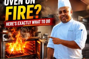 Chef in a white uniform points toward a flaming oven in a commercial kitchen, with bold text reading "Oven On Fire? Here's Exactly What to Do" against a dramatic background of flames and smoke.