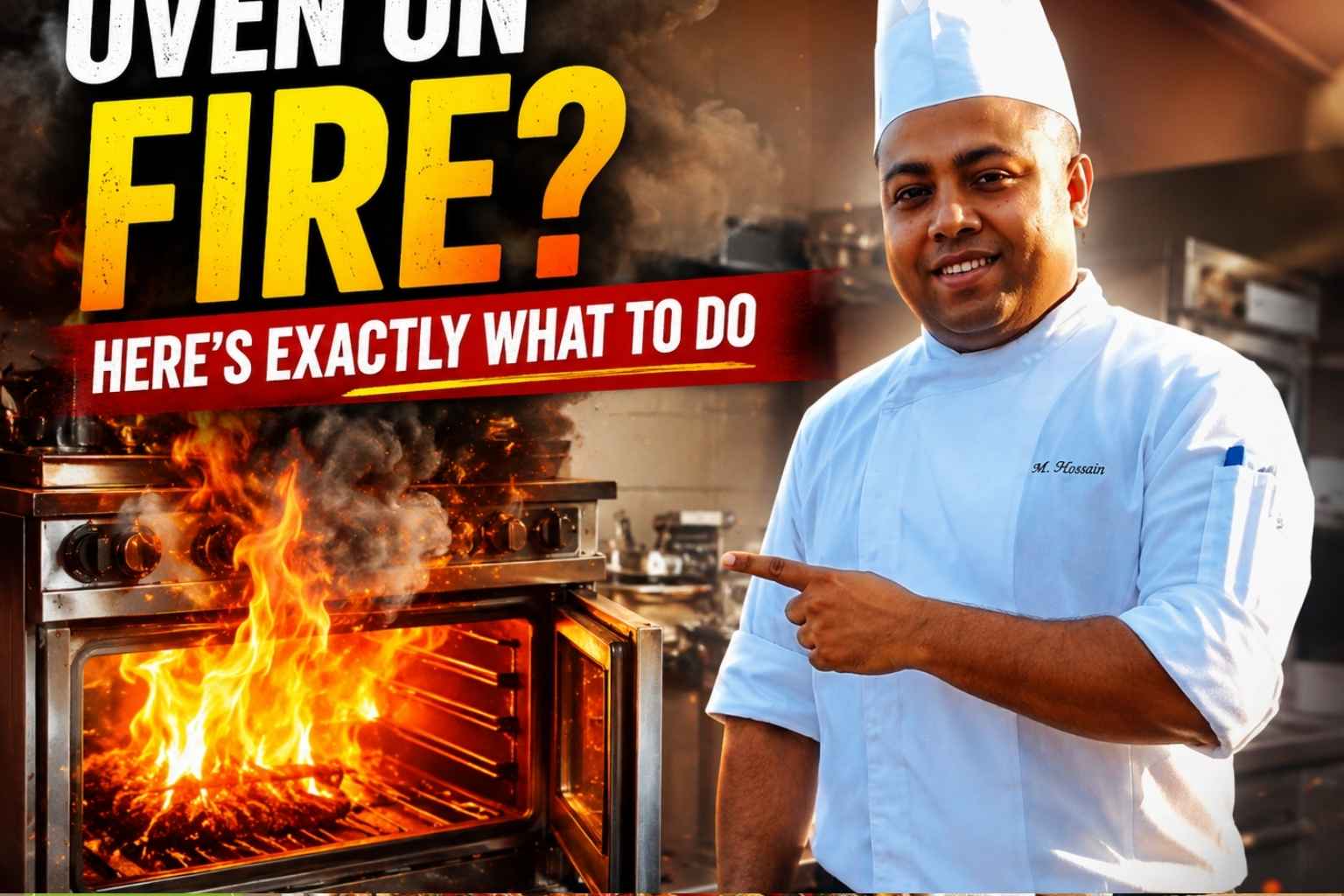 Chef in a white uniform points toward a flaming oven in a commercial kitchen, with bold text reading "Oven On Fire? Here's Exactly What to Do" against a dramatic background of flames and smoke.