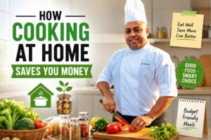 A professional chef in a white uniform and chef hat stands in a bright modern kitchen, smiling while preparing fresh vegetables on a cutting board. Large text reads “How Cooking at Home Saves You Money,” with visual elements including a jar of coins, a home-cooked meal icon, and notes promoting budget-friendly meals and smart food choices. Fresh produce and pantry ingredients are displayed in the foreground, emphasizing healthy, cost-effective home cooking.
