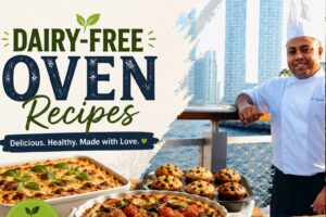 “Cookbook cover design featuring a chef in a white uniform standing by a waterfront city view, with large ‘Dairy-Free Oven Recipes’ text, photos of baked dishes including vegetable pie and muffins, and labels highlighting plant-based ingredients, oven-baked perfection, and wholesome dairy-free goodness.”