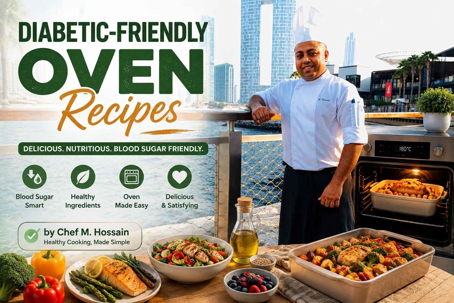 Promotional banner for “Diabetic-Friendly Oven Recipes” featuring a smiling chef in a white uniform and chef’s hat standing on a waterfront promenade with a modern city skyline in the background. Large headline text reads “Diabetic-Friendly Oven Recipes.” In the foreground, healthy oven-baked dishes including roasted salmon, grilled chicken salad, roasted vegetables, berries, and olive oil are displayed beside an oven containing a baked meal. Icons highlight benefits such as blood sugar management, healthy ingredients, easy oven cooking, and satisfying meals. The design uses green and orange accents to emphasize nutritious, diabetes-friendly cooking.