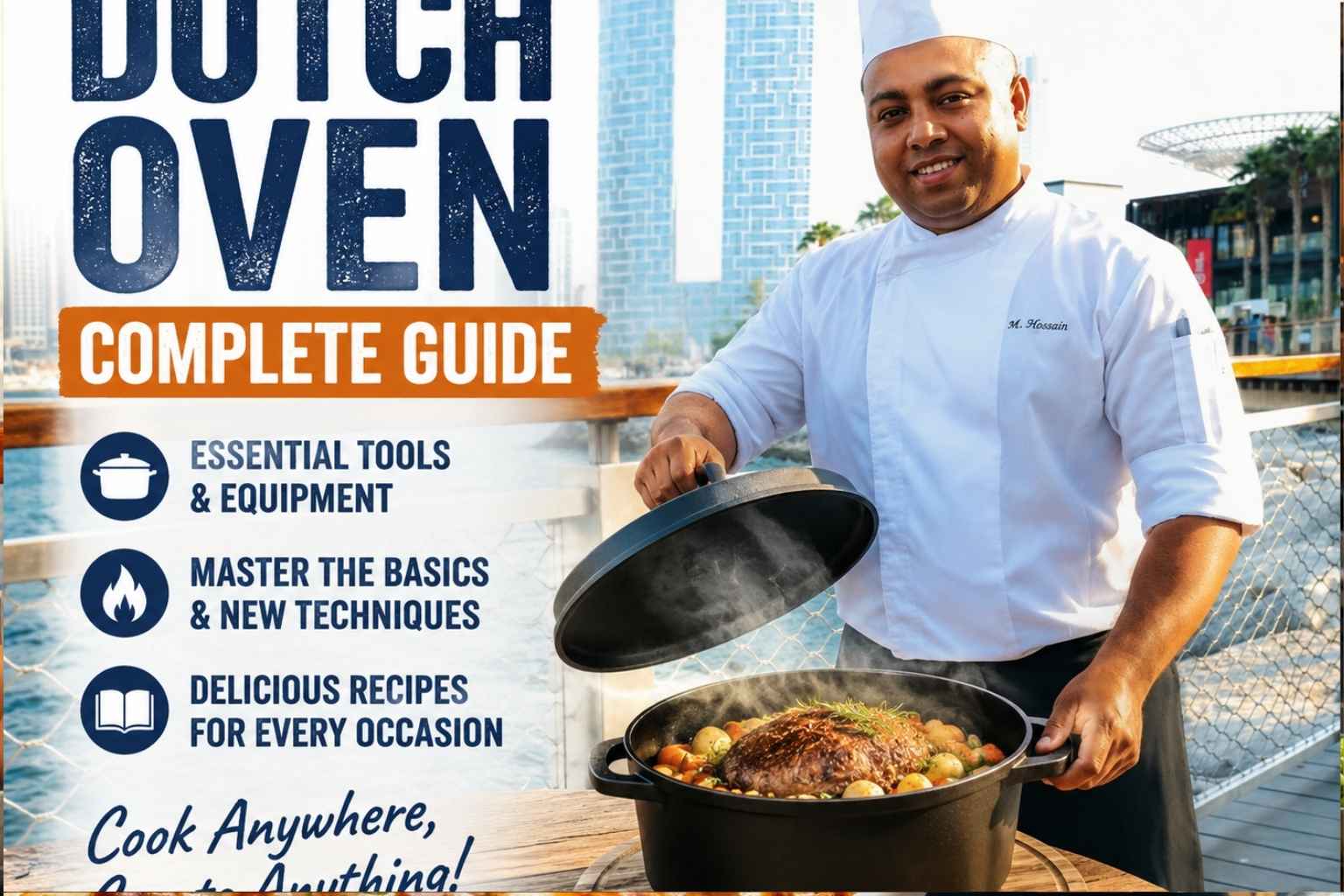 A professional chef in a white uniform and chef’s hat stands beside a steaming black Dutch oven filled with roasted meat and vegetables on a wooden table overlooking a waterfront city skyline. Large bold text reads “The Ultimate Dutch Oven Complete Guide,” with icons highlighting essential tools and equipment, cooking techniques, recipes, and chef tips. The design uses navy blue and orange accents to promote a comprehensive Dutch oven cooking guide.