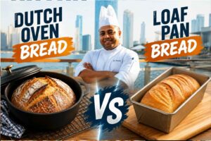 "A chef in a white uniform stands in the center of a split-screen bread comparison graphic. On the left is a Dutch oven with a rustic artisan loaf showing a crispy golden crust; on the right is a loaf pan with a sliced sandwich-style bread showing a soft, even texture. Large text highlights 'Dutch Oven Bread vs Loaf Pan Bread' with comparison points about crust, crumb, shape, and baking results."